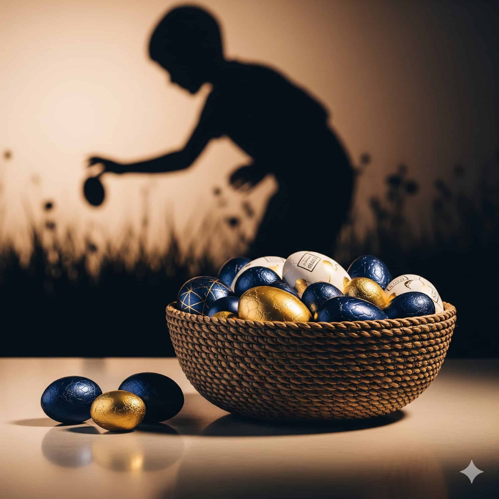 Un panier de chocolats de Pâques Galler avec la silhouette d'un enfant tendant la main vers un œuf